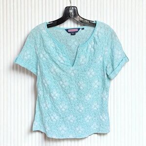 Vineyard Vines Aqua Blue Linen Embroidered Fitted Top – Size M – Short Sleeve